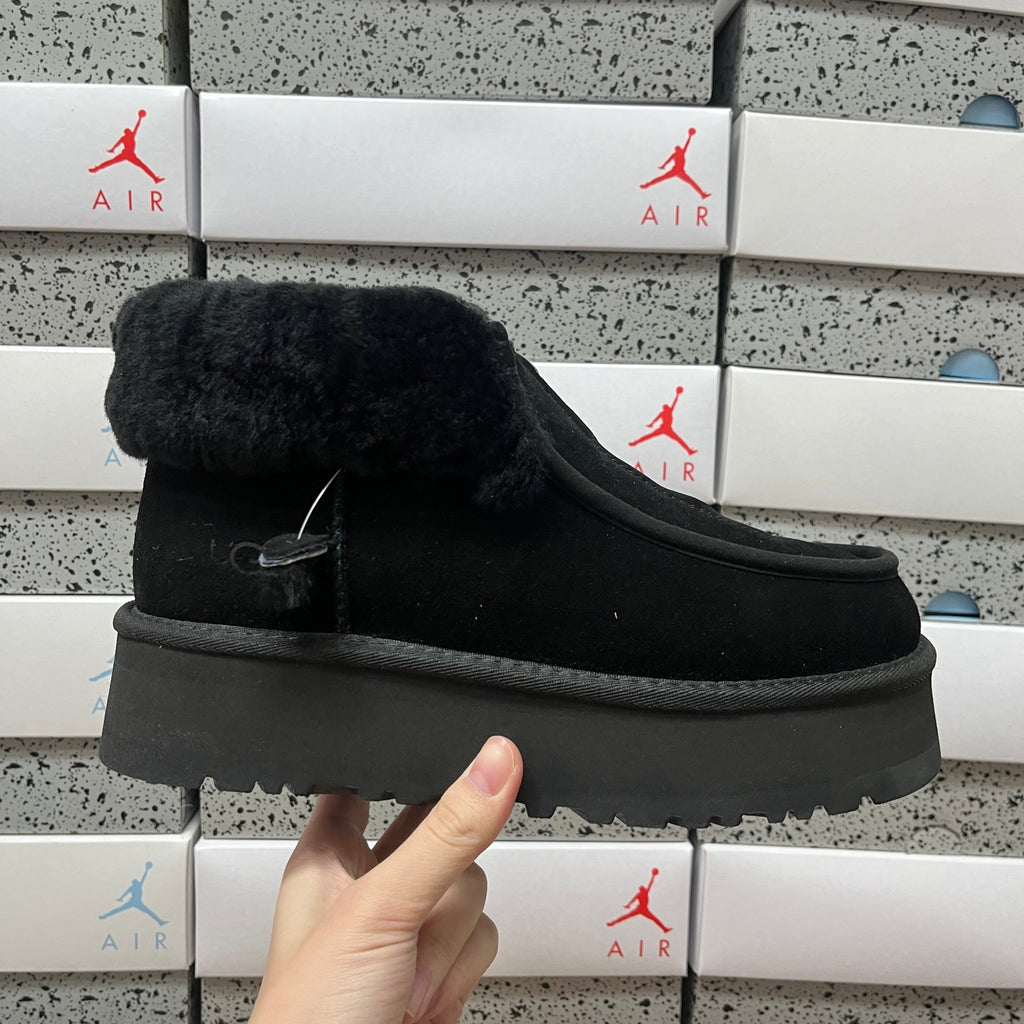 UGG Fluffy-Collar Zip-Front Platform Ankle Boots in Black