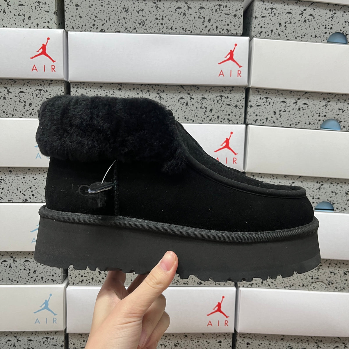 UGG Fluffy-Collar Zip-Front Platform Ankle Boots in Black