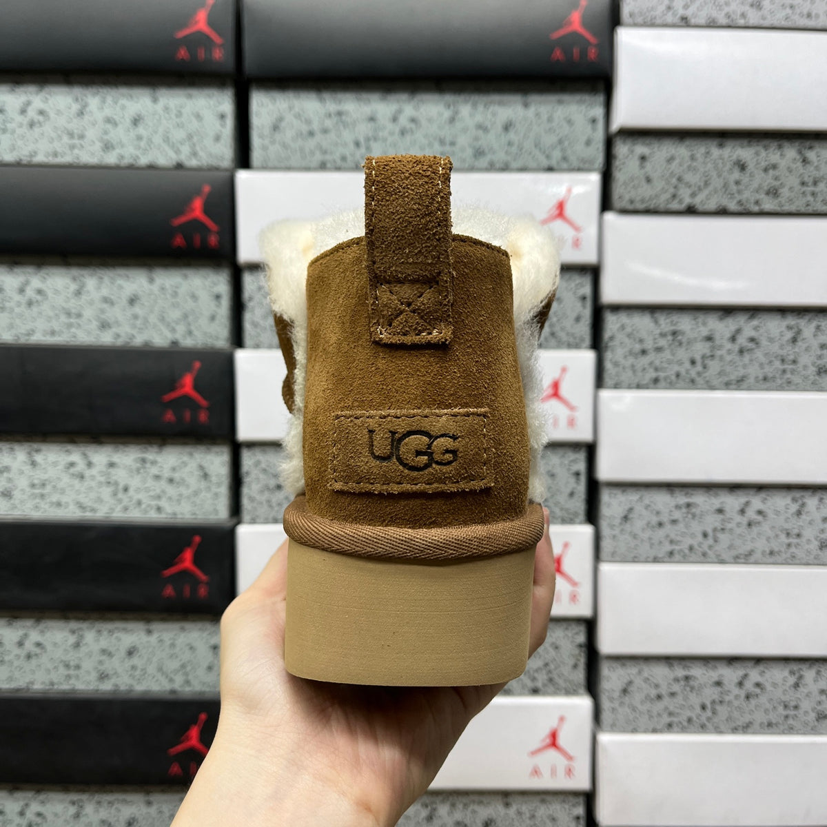 UGG Fluffy-Trim Mini Platform Ankle Boots in Chestnut