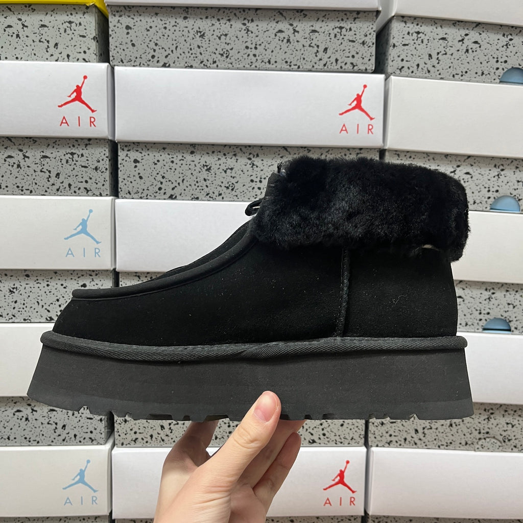 UGG Fluffy-Collar Zip-Front Platform Ankle Boots in Black