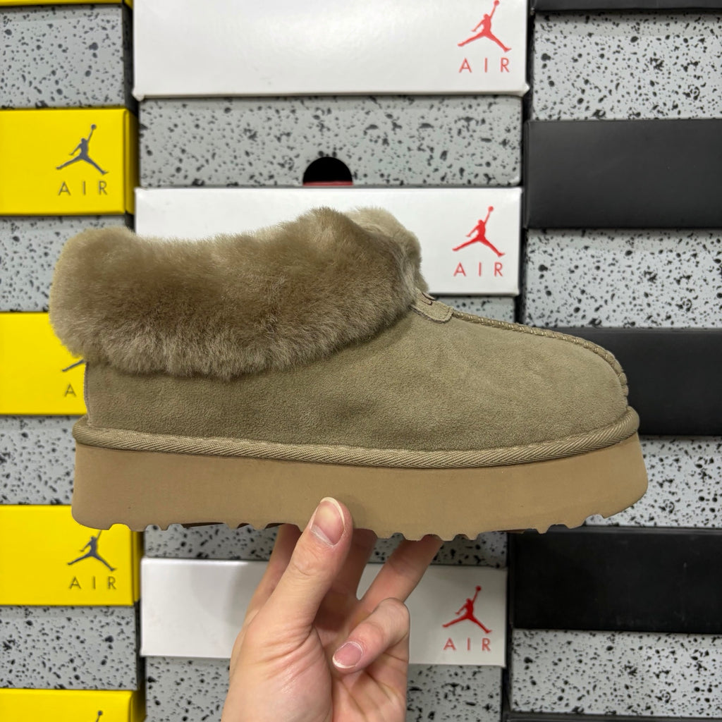 UGG Fluffy-Collar Platform Slip-On Shoes in Antelope Brown