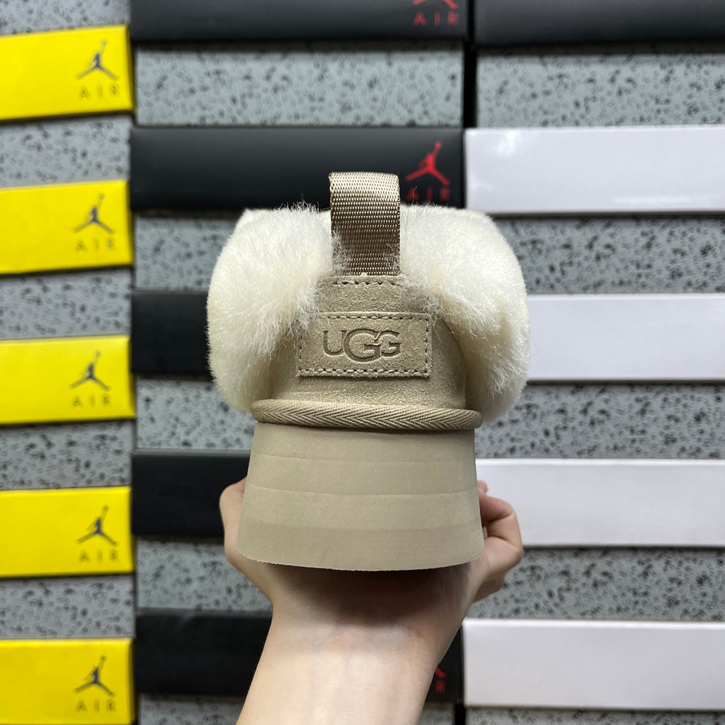 UGG Fluffy-Collar Platform Ankle Boots in Sand
