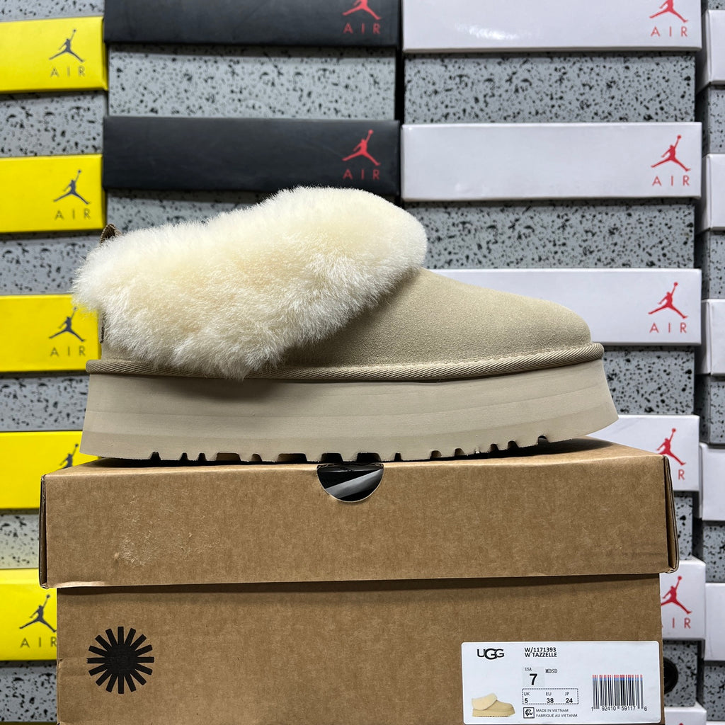 UGG Fluffy-Collar Platform Ankle Boots in Sand