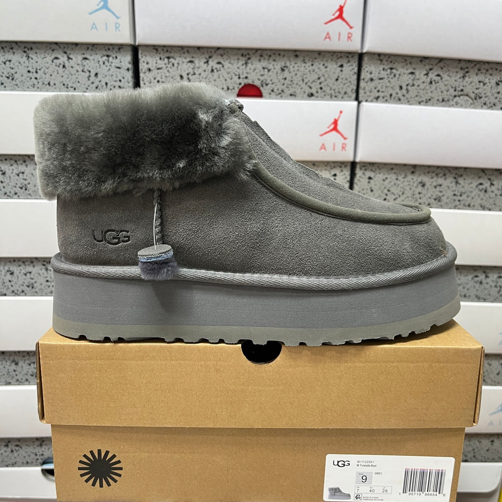 UGG Fluffy-Collar Zip-Front Platform Ankle Boots in Grey