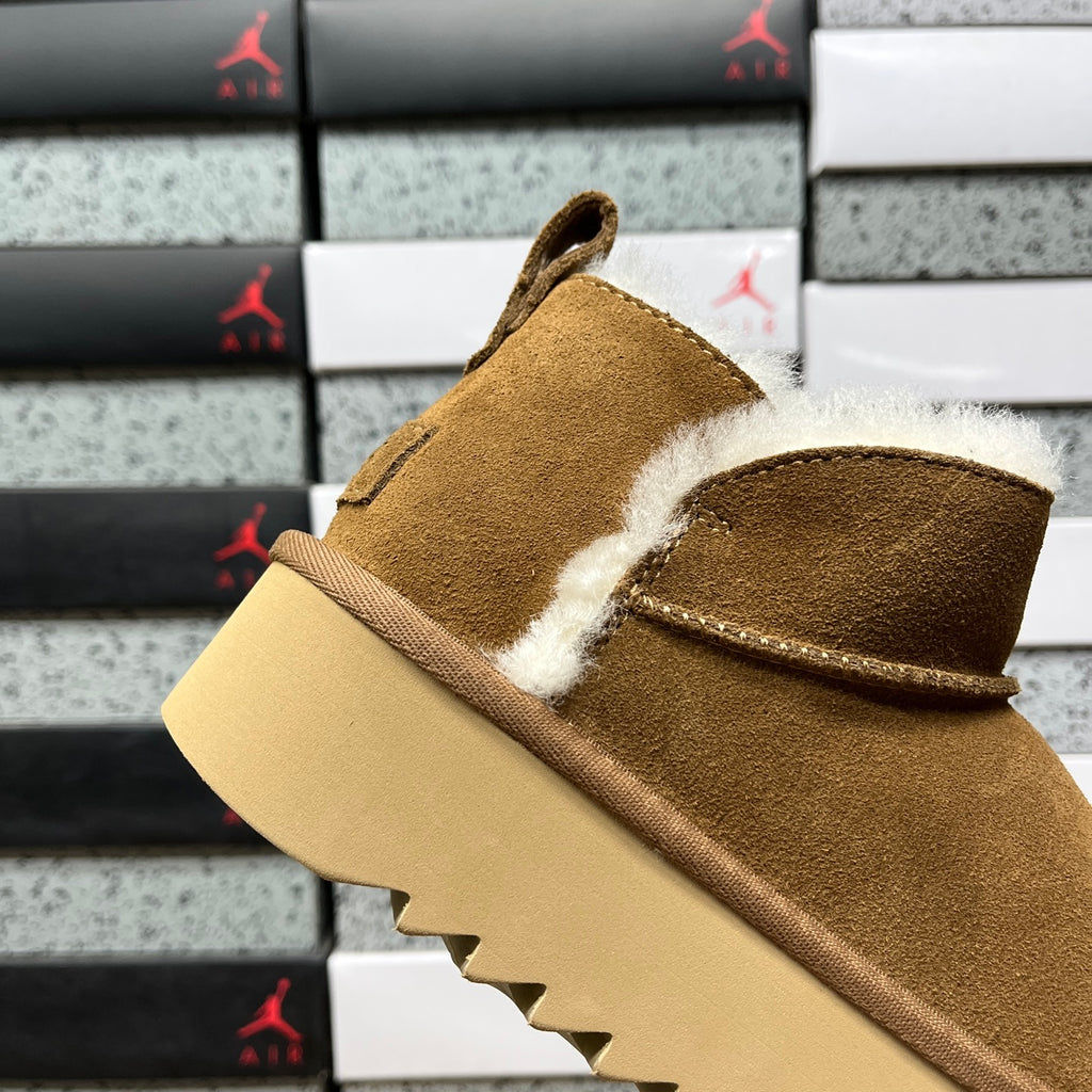 UGG Fluffy-Trim Mini Platform Ankle Boots in Chestnut