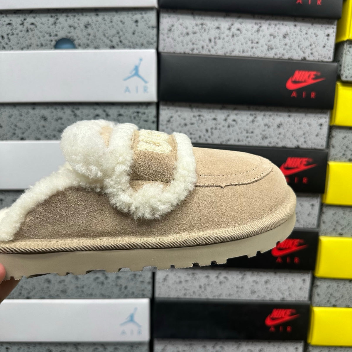 UGG Embroidered Fluffy-Trim Mule Slippers in Khaki