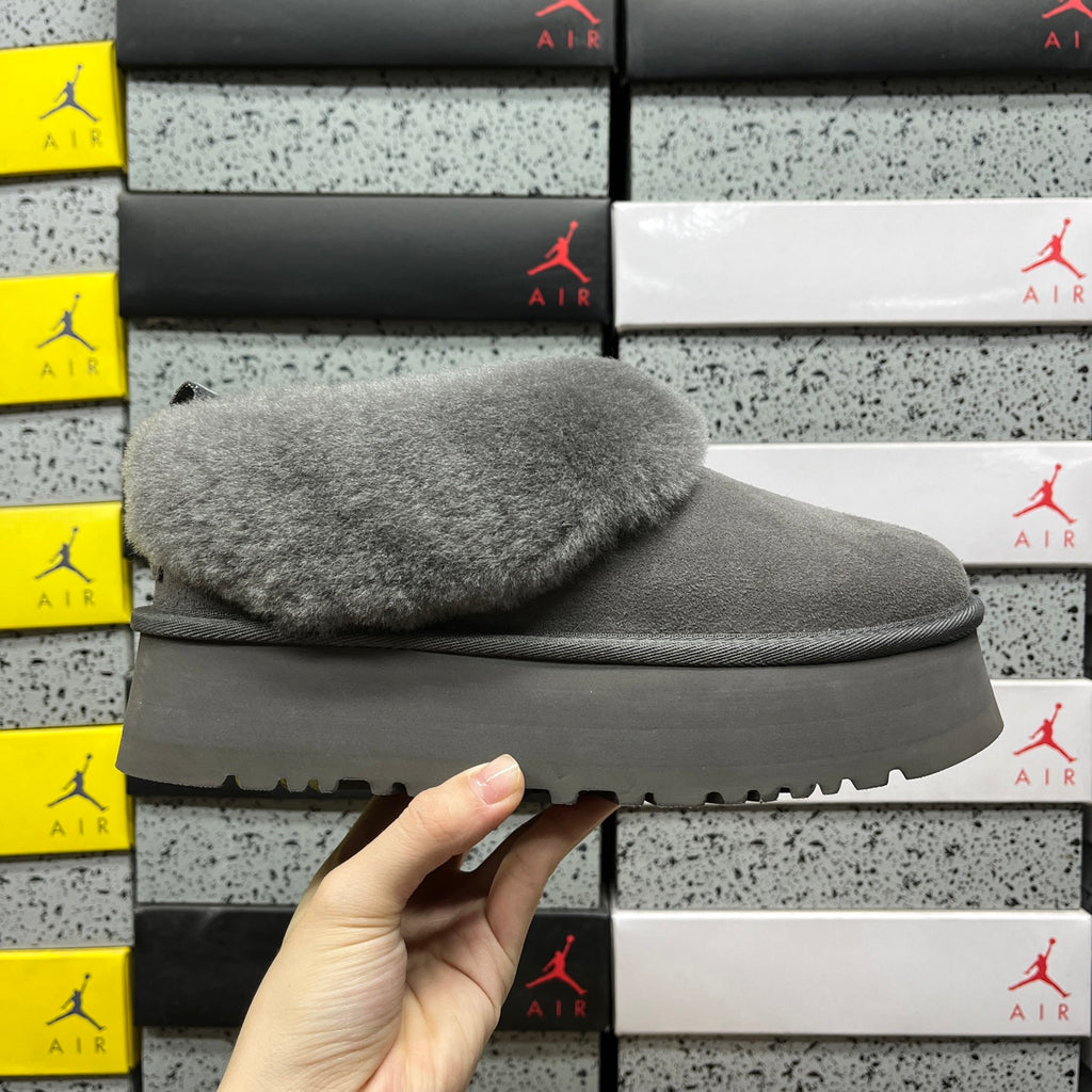 UGG Fluffy-Collar Platform Ankle Boots in Grey