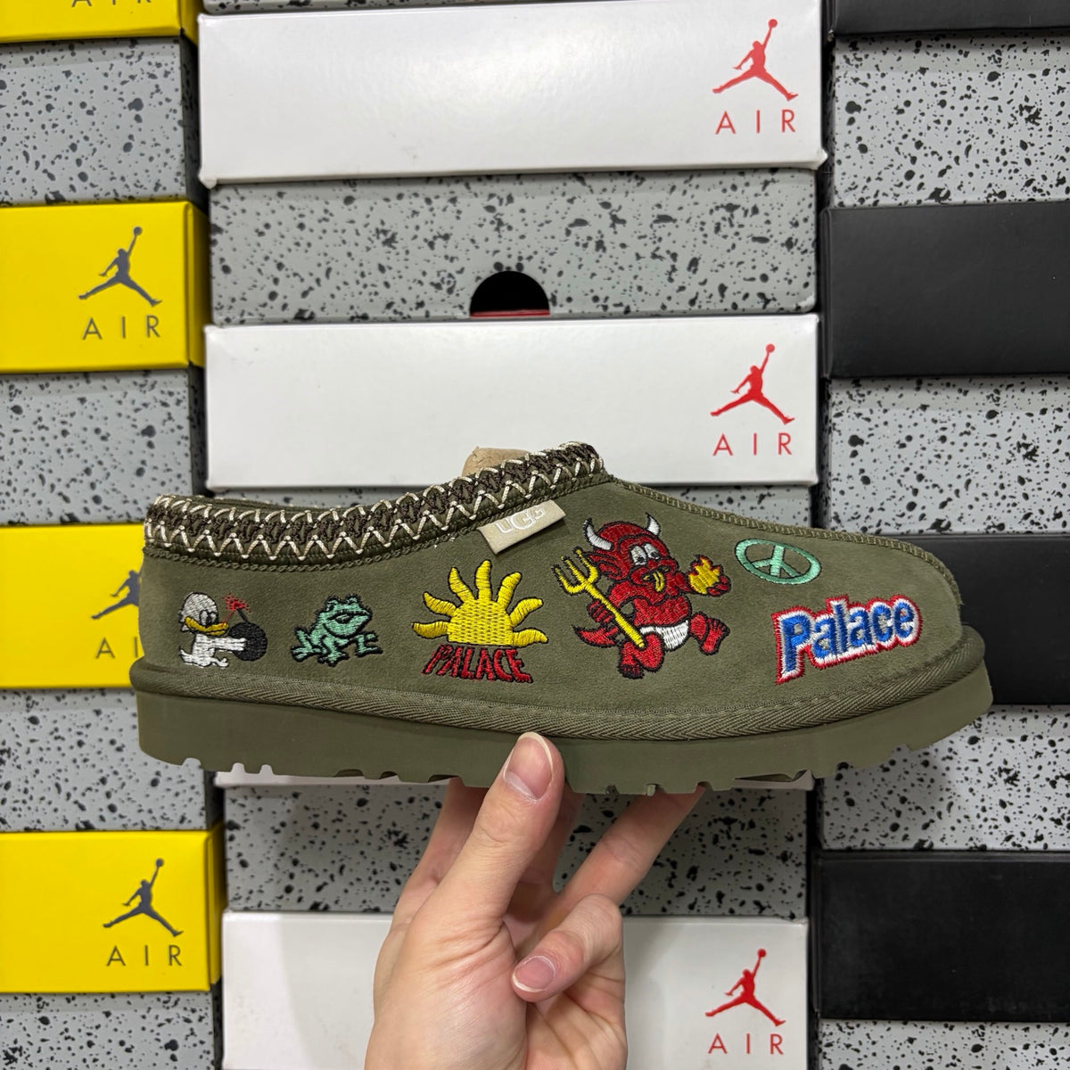UGG Cartoon-Embroidered Slip-On Shoes in Olive Green