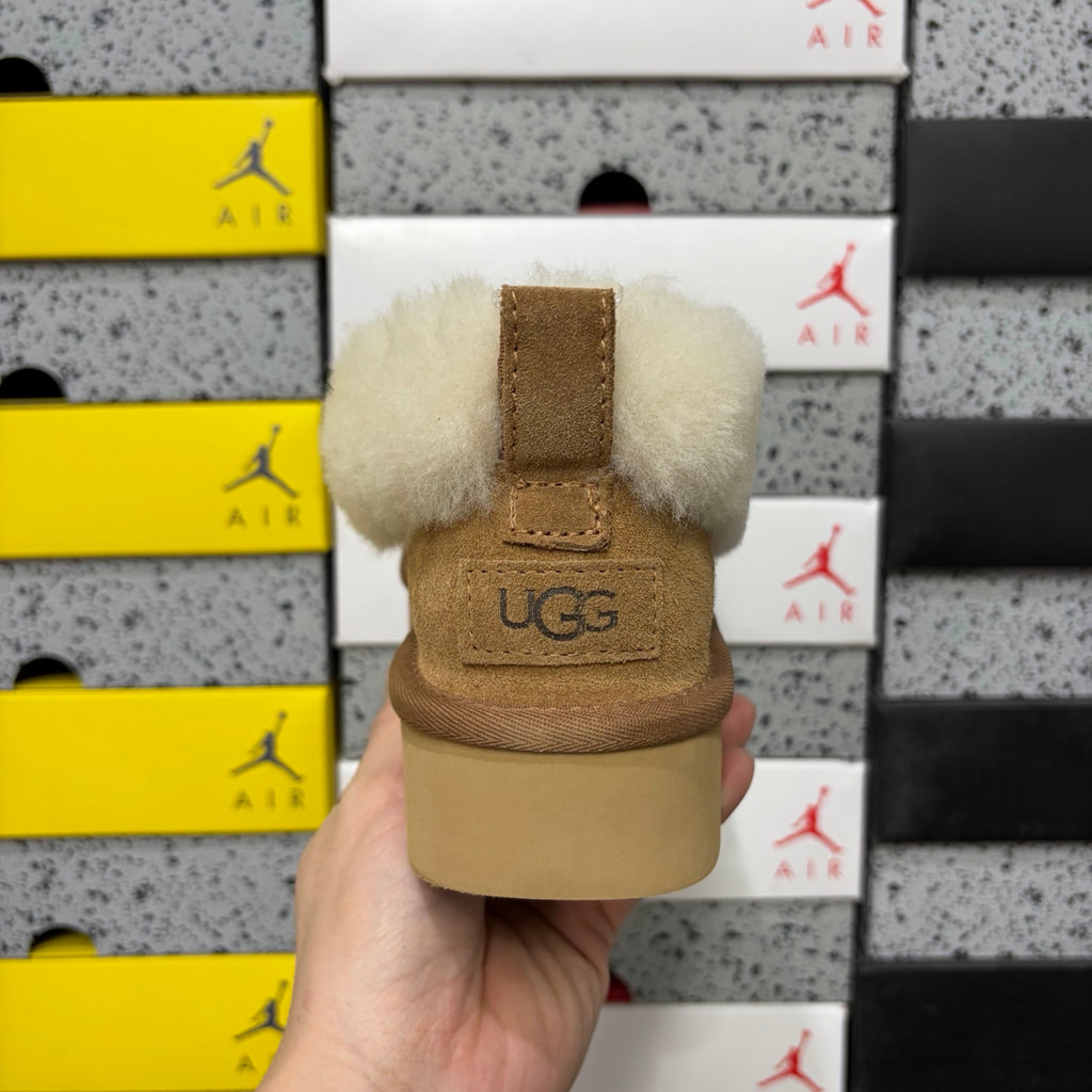 UGG Fluffy-Collar Platform Slip-On Shoes in Chestnut & Cream
