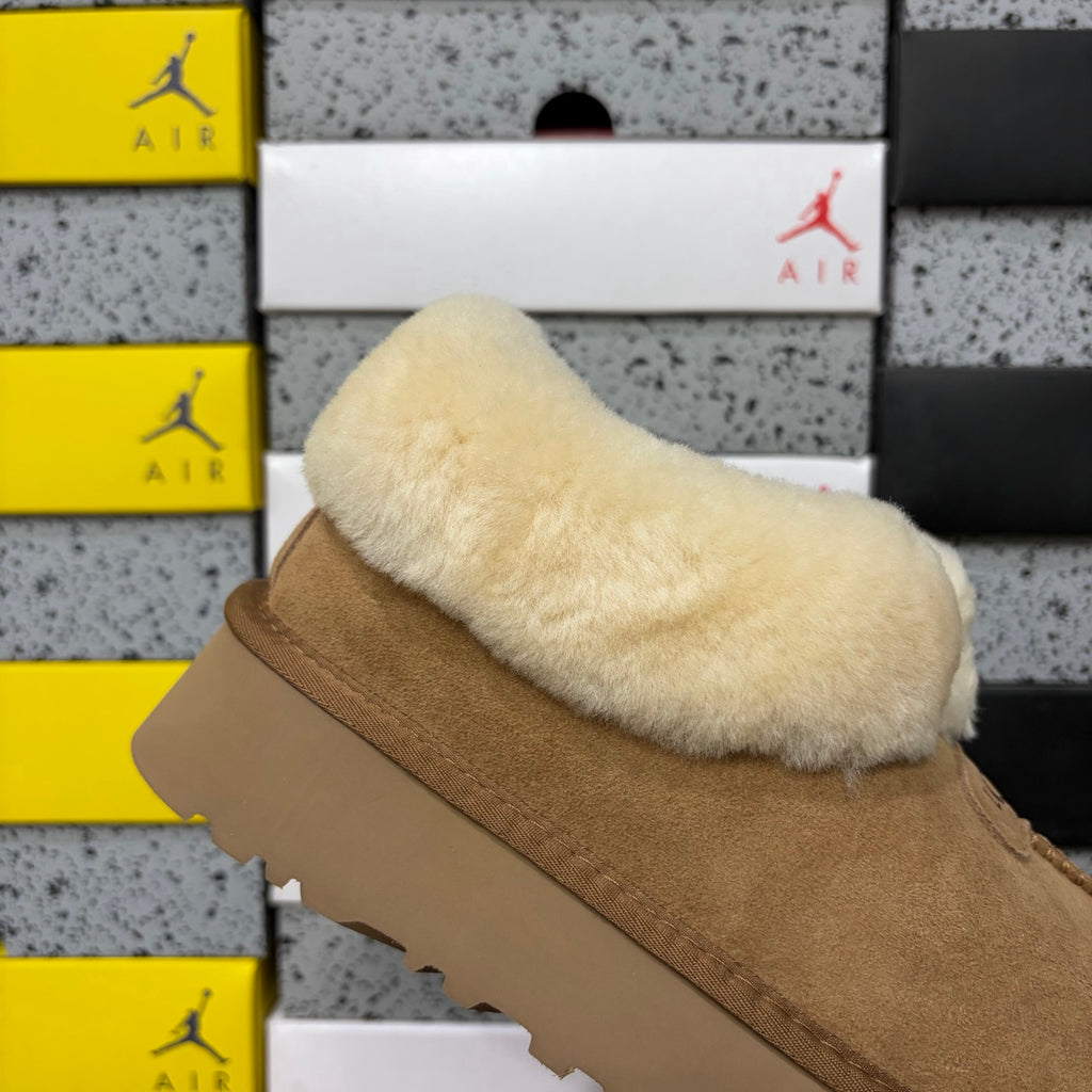 UGG Fluffy-Collar Platform Slip-On Shoes in Chestnut