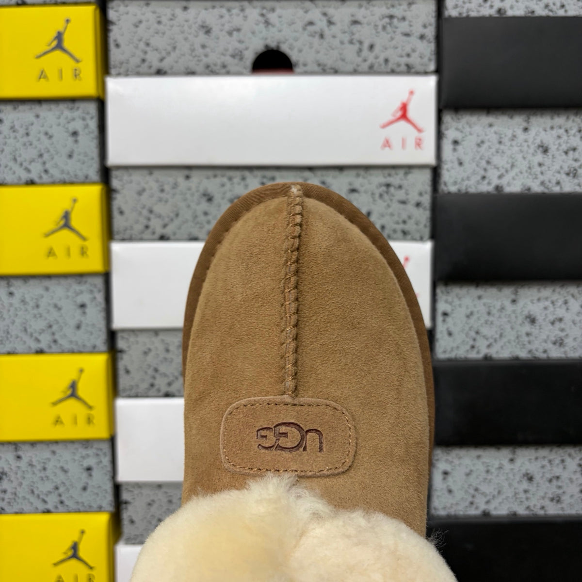 UGG Fluffy-Collar Platform Slip-On Shoes in Chestnut