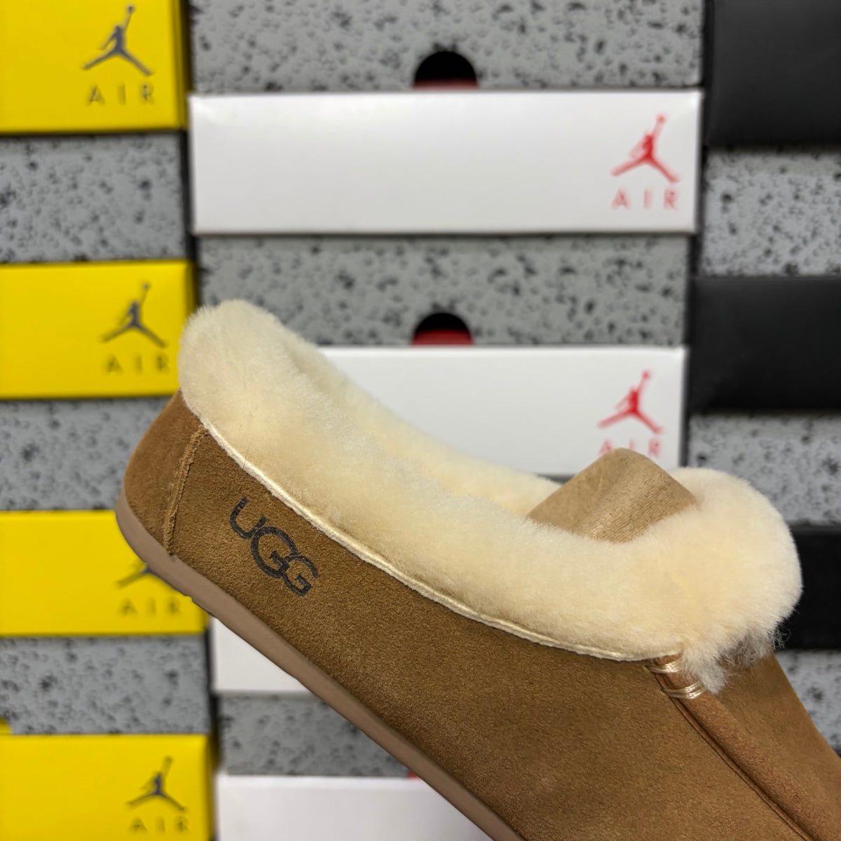 UGG Fluffy-Collar Moccasin Slippers in Chestnut