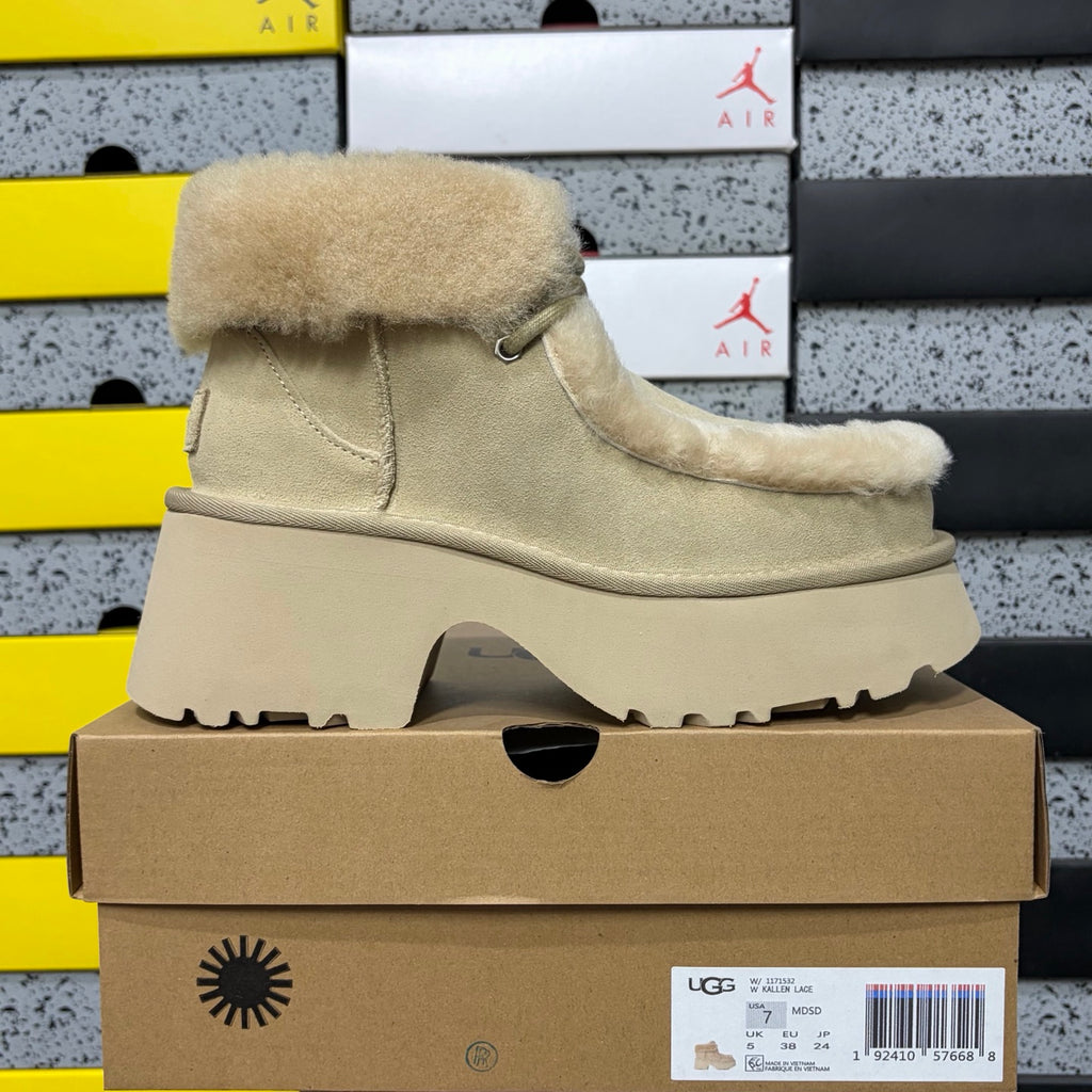 UGG Fluffy-Trim Platform Ankle Boots in Sand