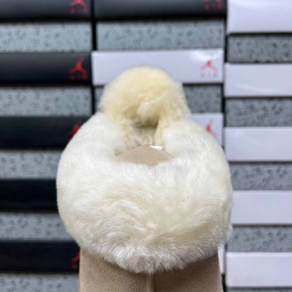 UGG Fluffy-Collar Platform Slippers in Sand