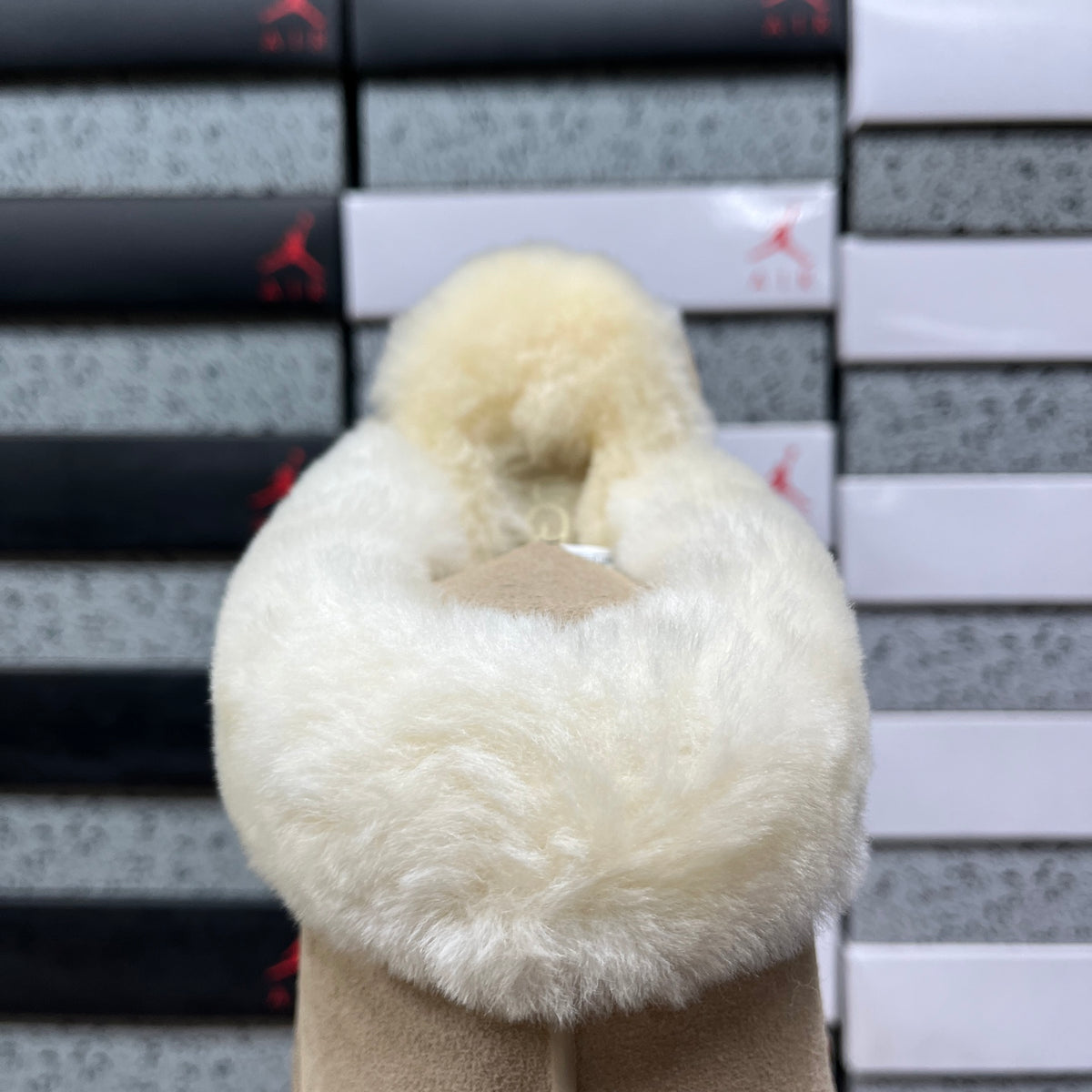 UGG Fluffy-Collar Platform Slippers in Sand