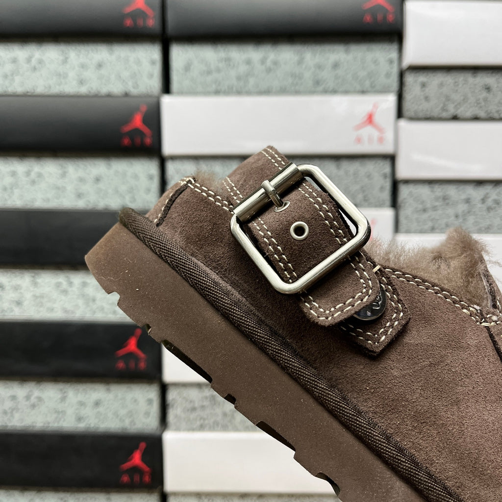 UGG Fluffy-Lined Buckle-Strap Clogs in Dark Brown