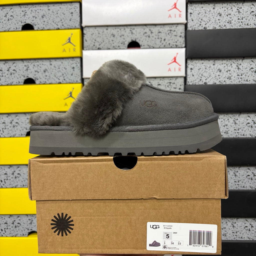 UGG Gray Platform Slippers with Fluffy Collar – 3 cm