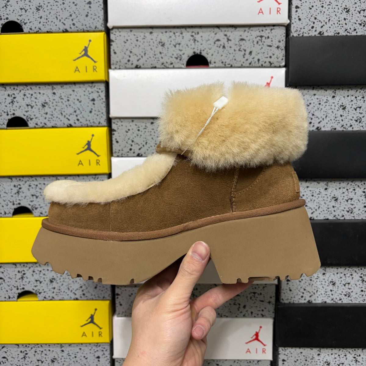 UGG Fluffy-Trim Platform Ankle Boots in Chestnut