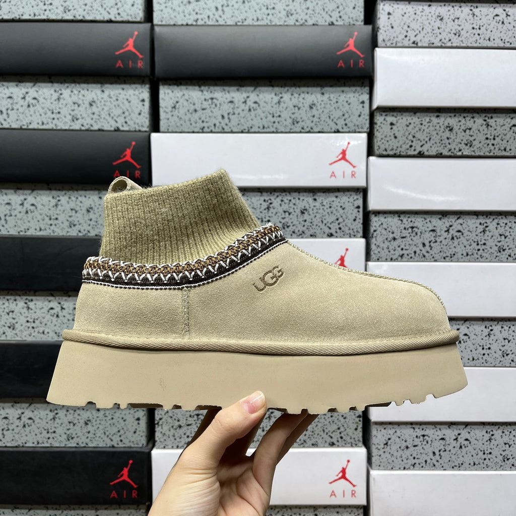 UGG Knit-Collar Platform Ankle Boots in Mustard Seed