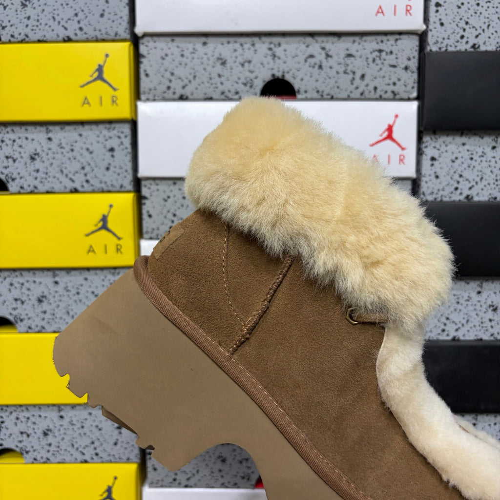 UGG Fluffy-Trim Platform Ankle Boots in Chestnut