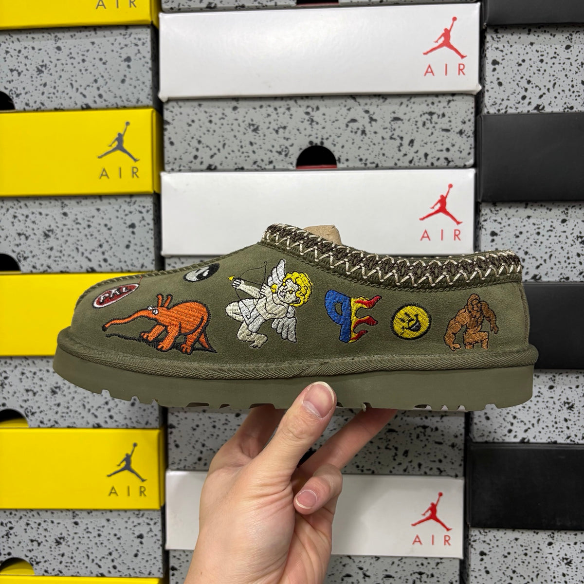 UGG Cartoon-Embroidered Slip-On Shoes in Olive Green