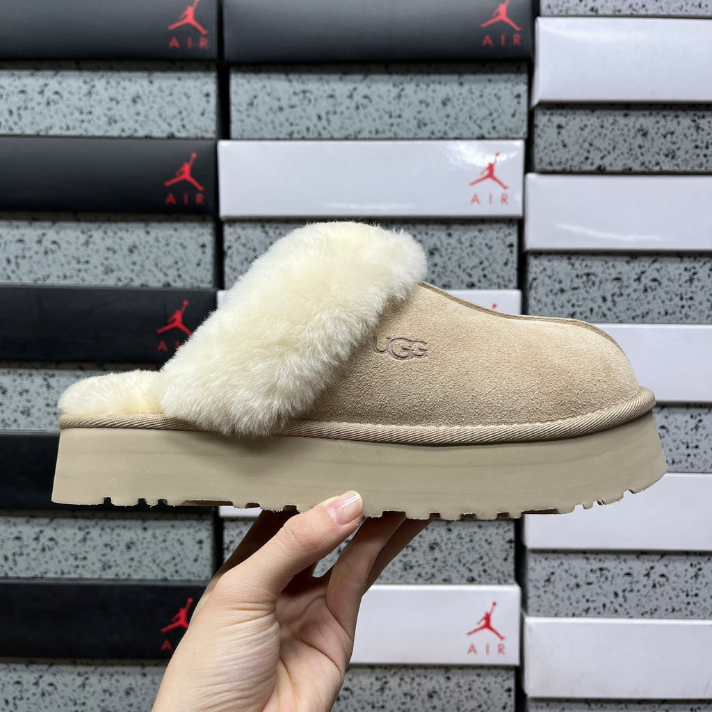 UGG Fluffy-Collar Platform Slippers in Sand