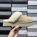 UGG Fluffy-Collar Platform Slippers in Sand