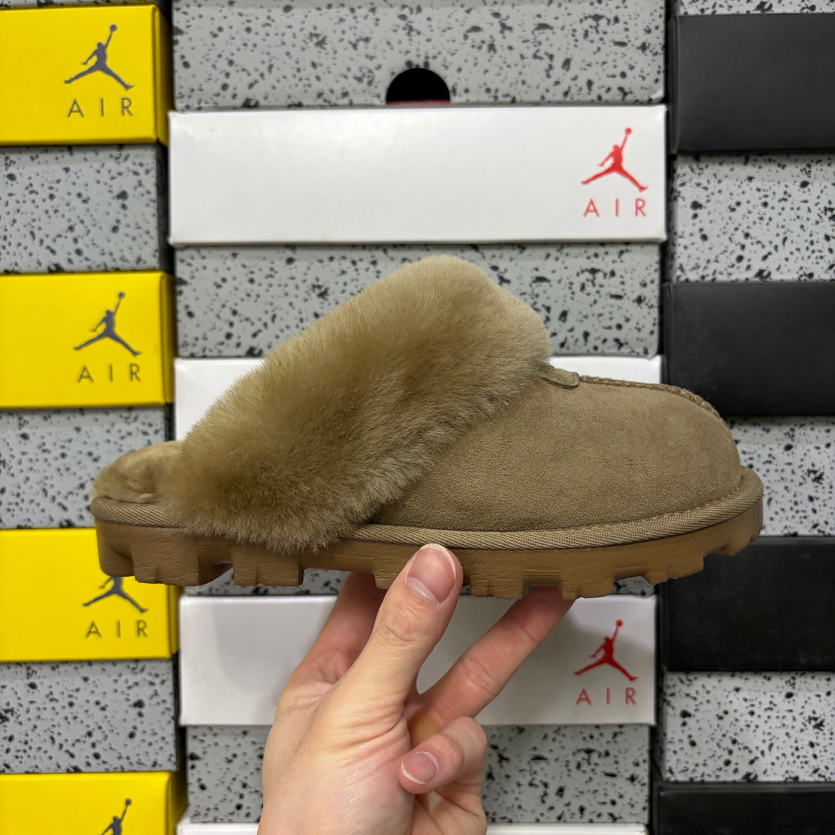UGG Fluffy-Collar Lug-Sole Mule Slippers in Antelope Brown