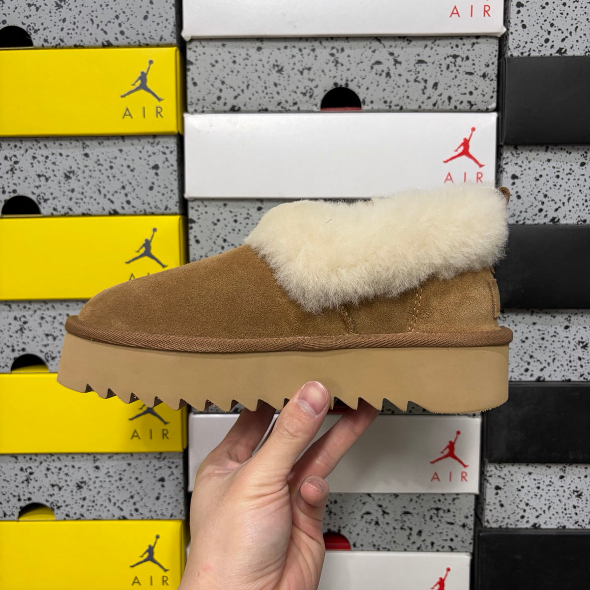 UGG Fluffy-Collar Platform Slip-On Shoes in Chestnut & Cream