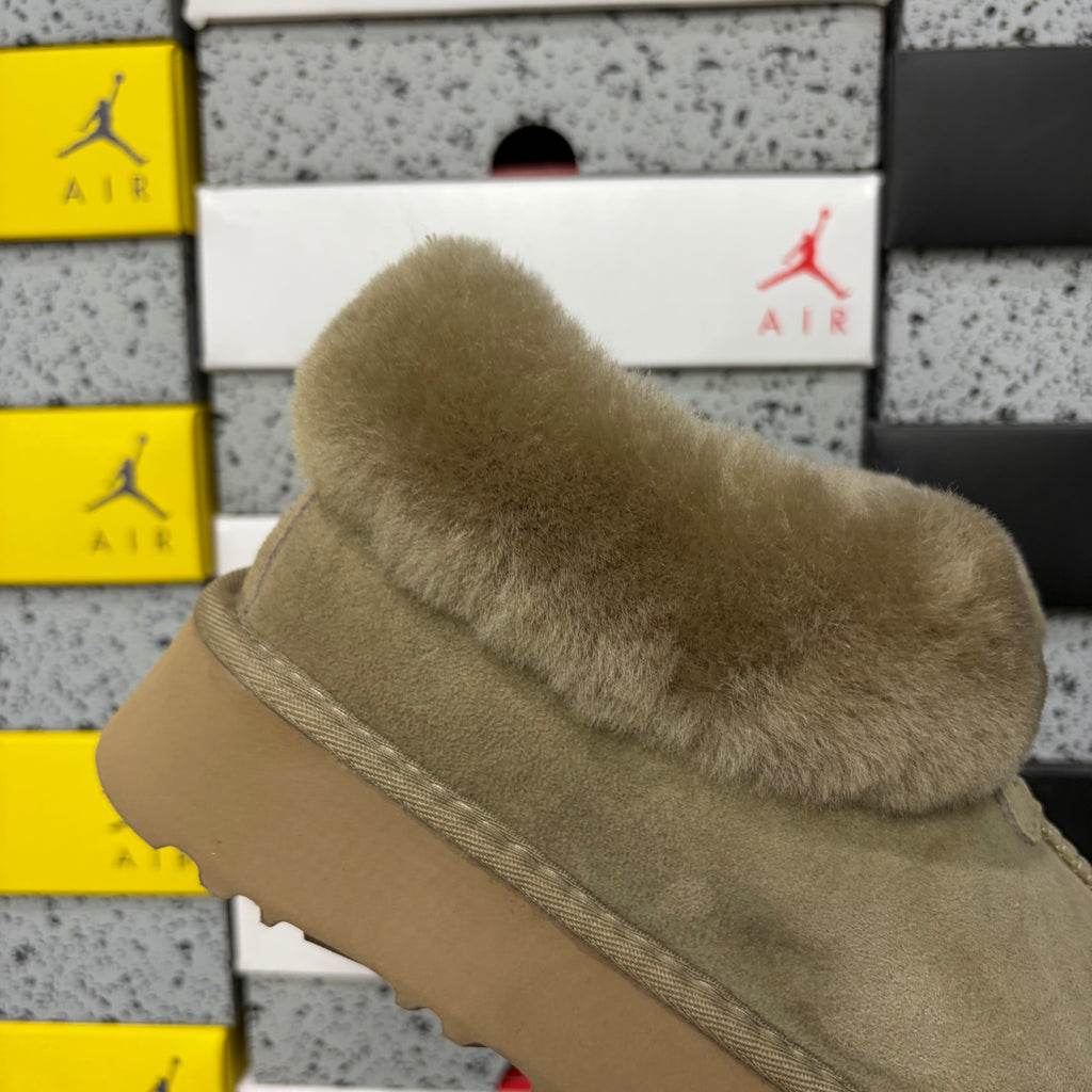 UGG Fluffy-Collar Platform Slip-On Shoes in Antelope Brown