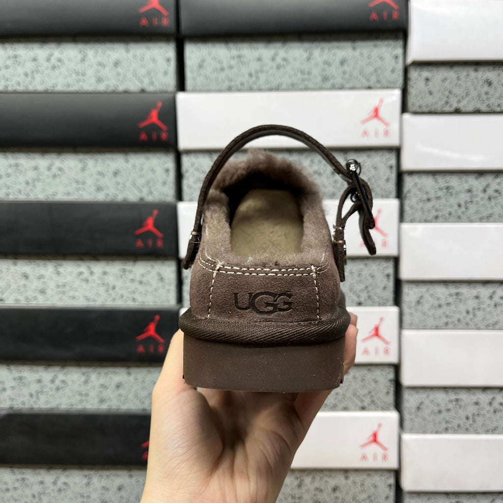UGG Fluffy-Lined Buckle-Strap Clogs in Dark Brown