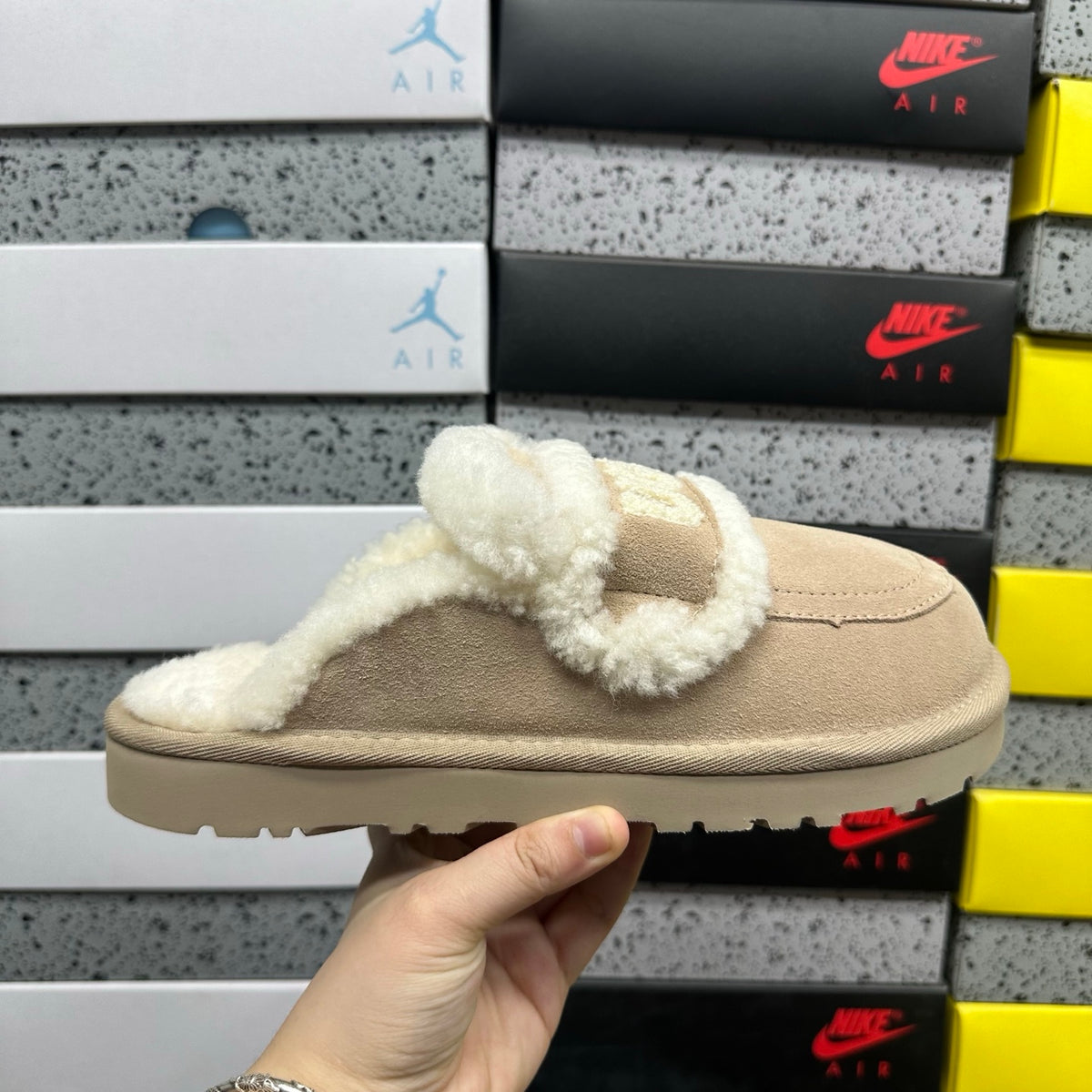 UGG Embroidered Fluffy-Trim Mule Slippers in Khaki