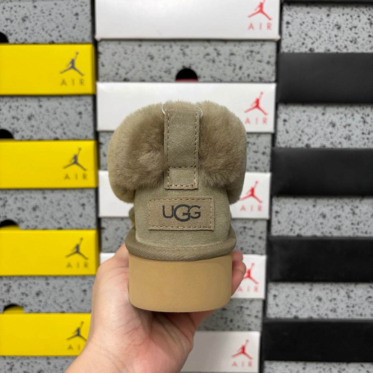 UGG Fluffy-Collar Platform Slip-On Shoes in Taupe Brown