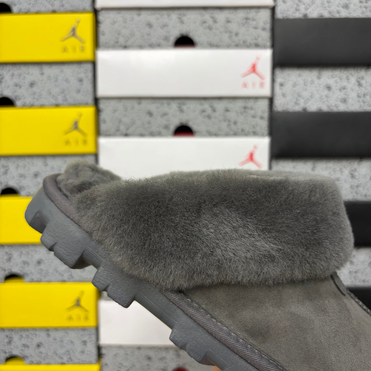 UGG Fluffy-Collar Mule Slippers in Grey