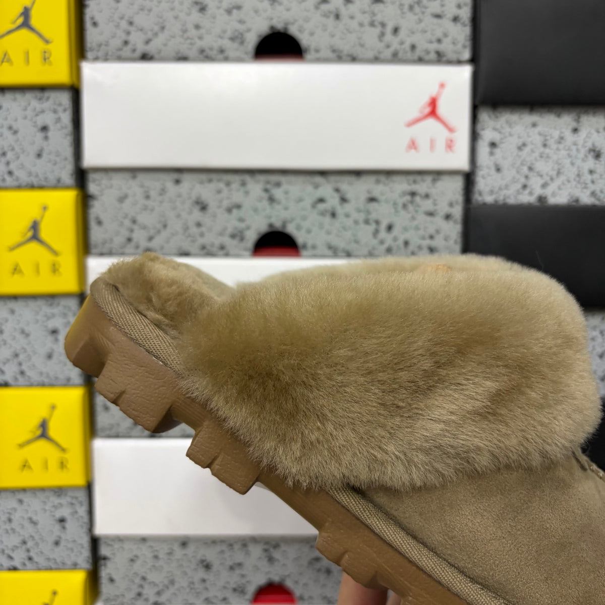 UGG Fluffy-Collar Lug-Sole Mule Slippers in Antelope Brown