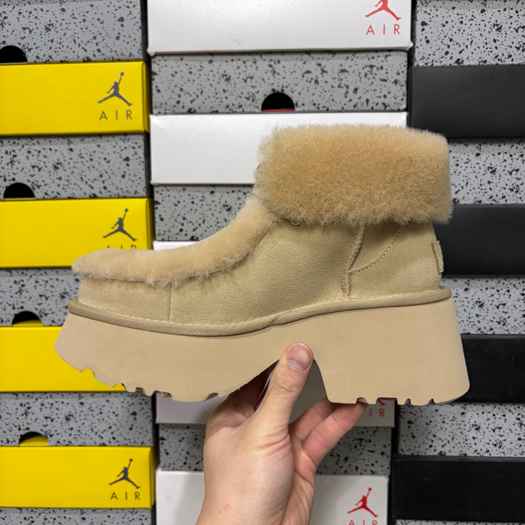 UGG Fluffy-Trim Platform Ankle Boots in Sand