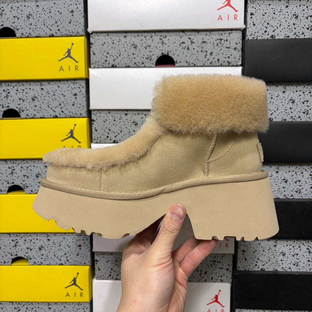 UGG Fluffy-Trim Platform Ankle Boots in Sand