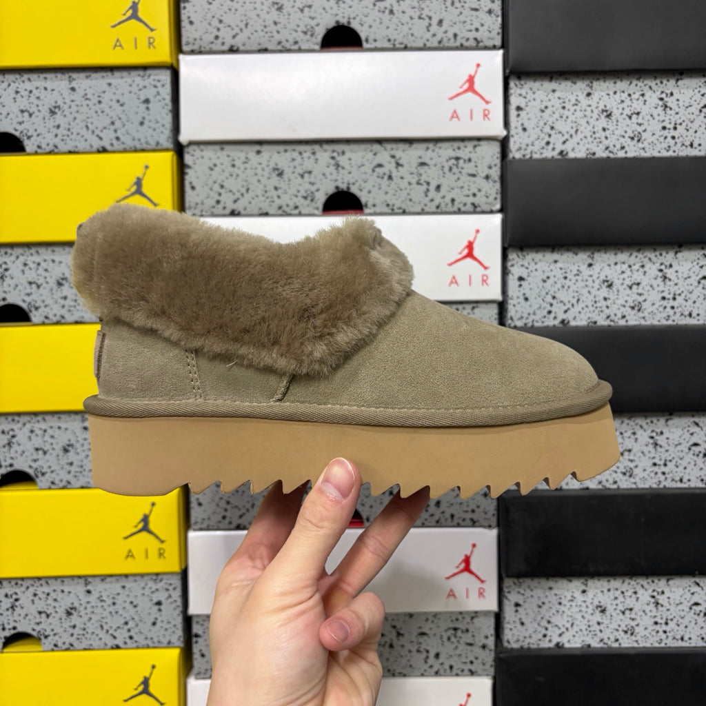 UGG Fluffy-Collar Platform Slip-On Shoes in Taupe Brown