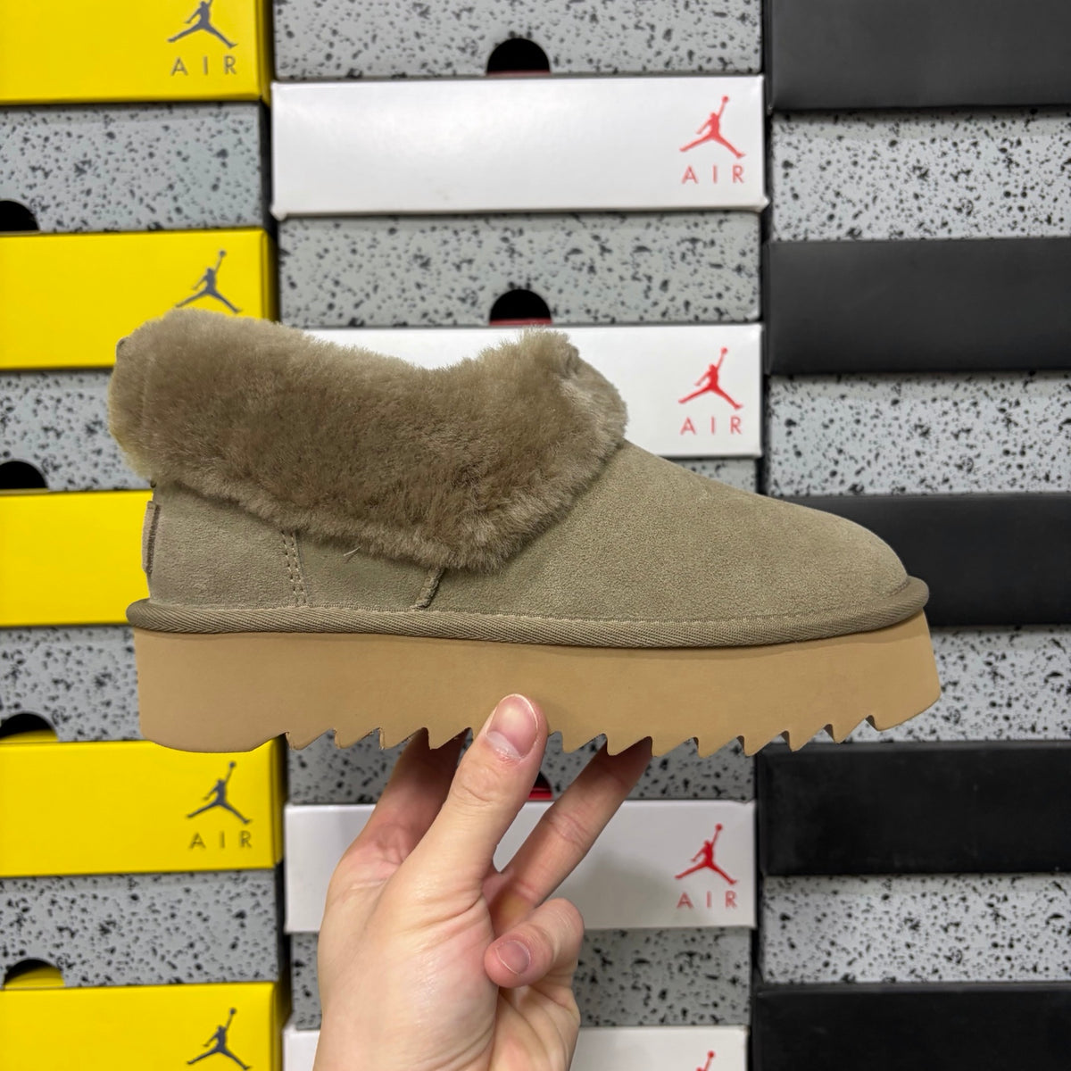 UGG Fluffy-Collar Platform Slip-On Shoes in Taupe Brown