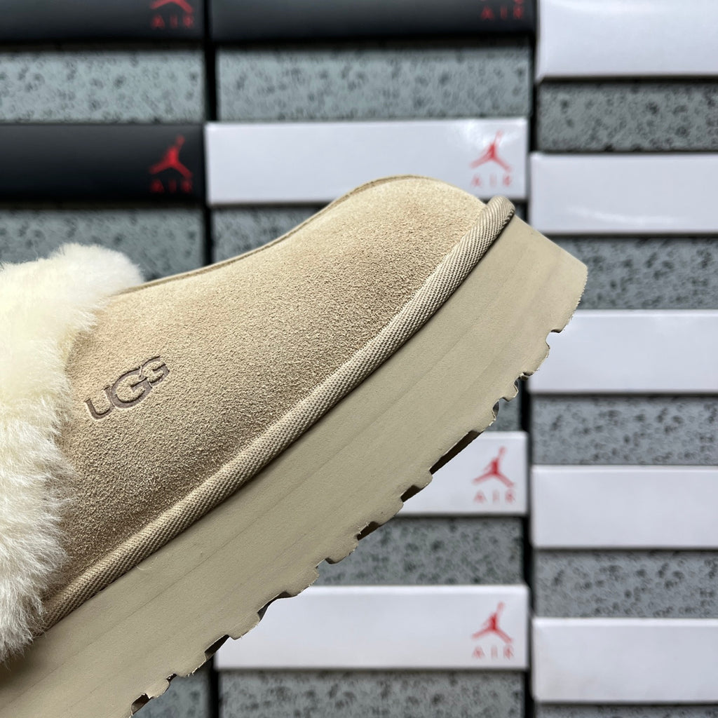 UGG Fluffy-Collar Platform Slippers in Sand