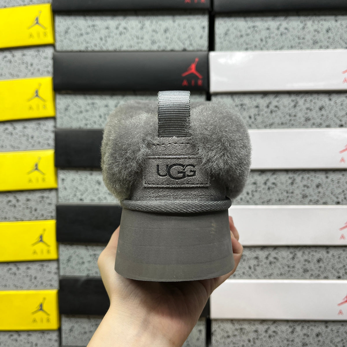UGG Fluffy-Collar Platform Ankle Boots in Grey