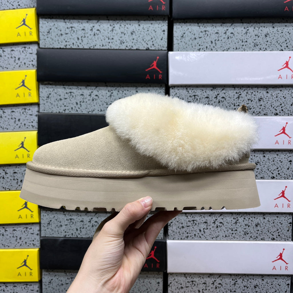UGG Fluffy-Collar Platform Ankle Boots in Sand