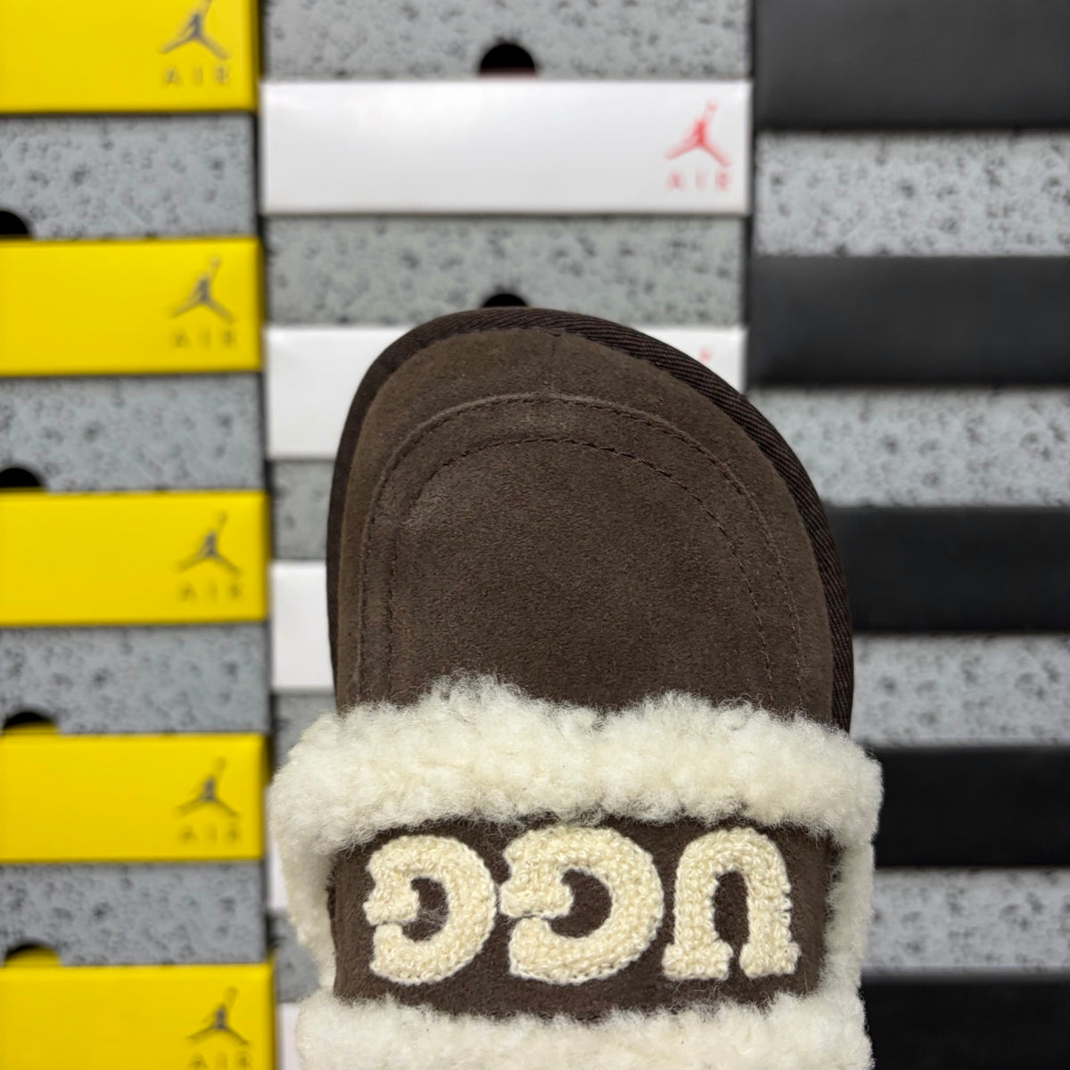 UGG Embroidered Fluffy-Trim Mule Slippers in Chocolate Brown
