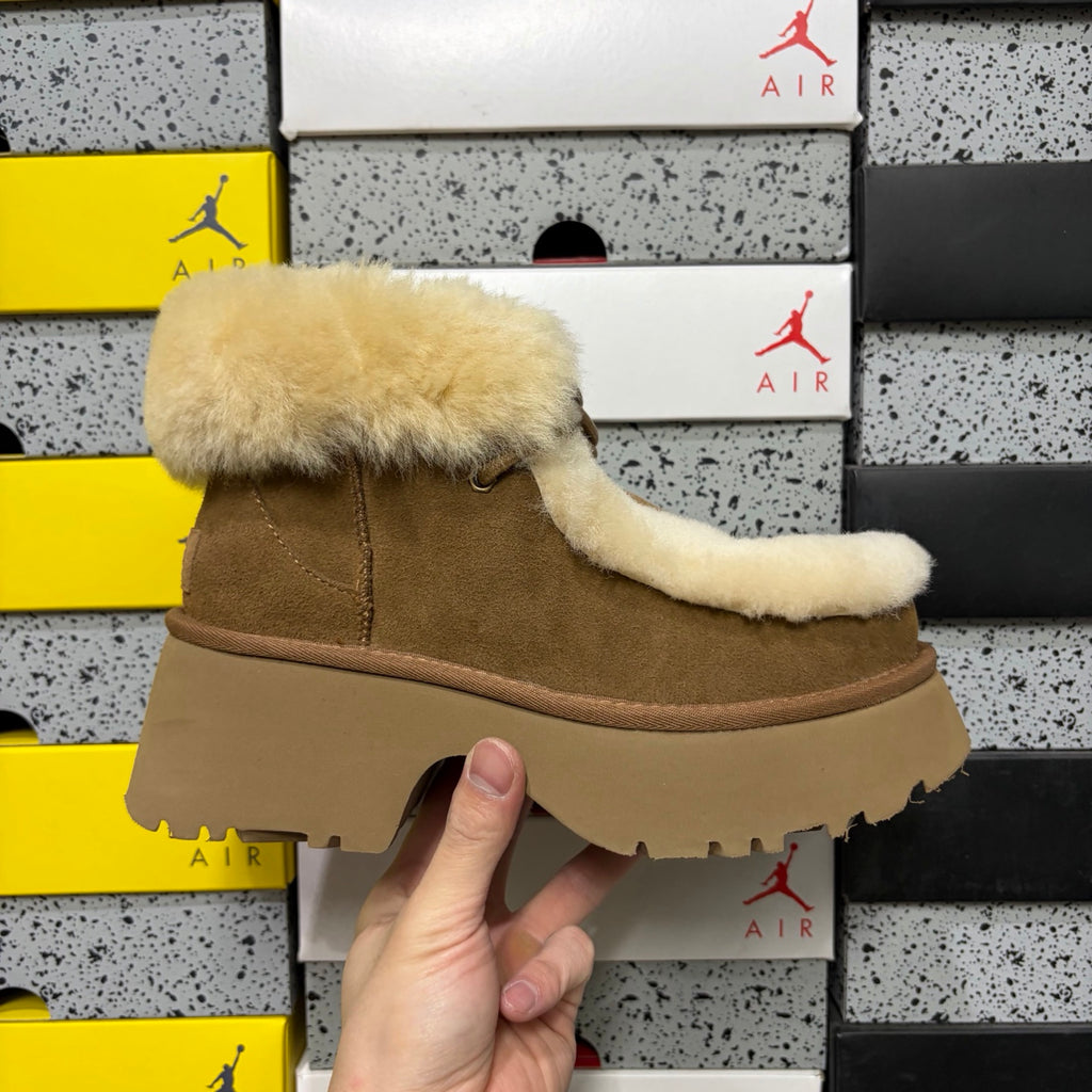 UGG Fluffy-Trim Platform Ankle Boots in Chestnut