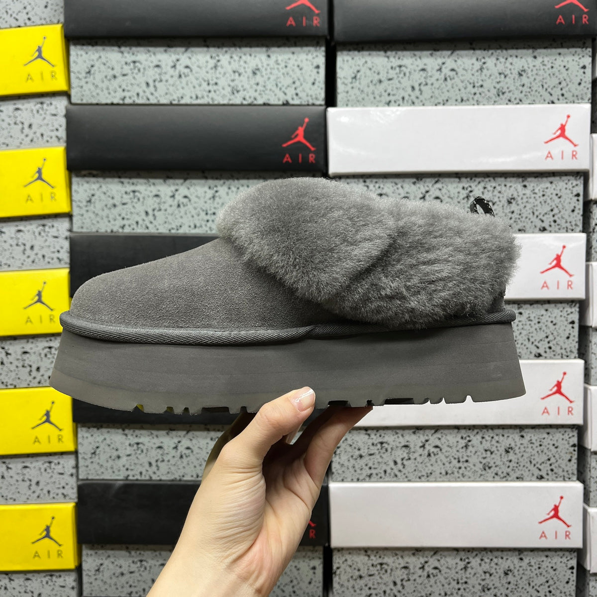 UGG Fluffy-Collar Platform Ankle Boots in Grey