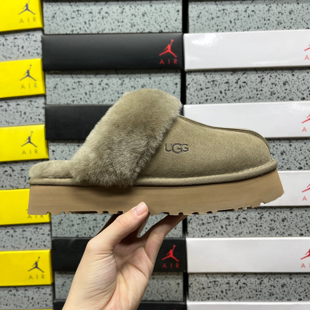 UGG Fluffy-Collar Platform Slippers in Antelope Brown