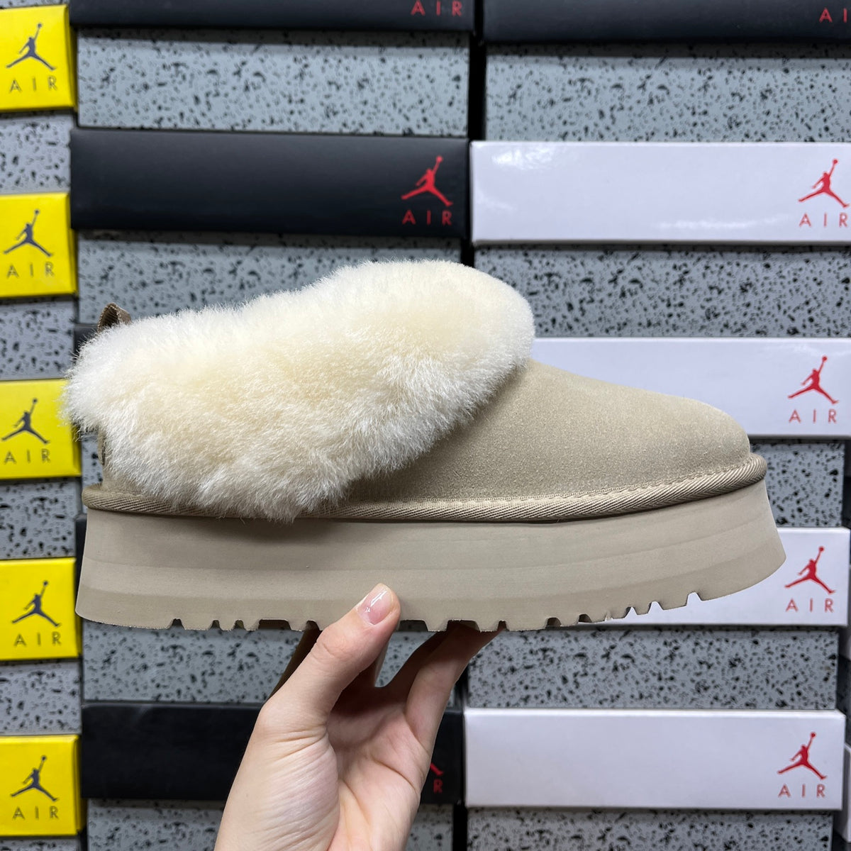 UGG Fluffy-Collar Platform Ankle Boots in Sand