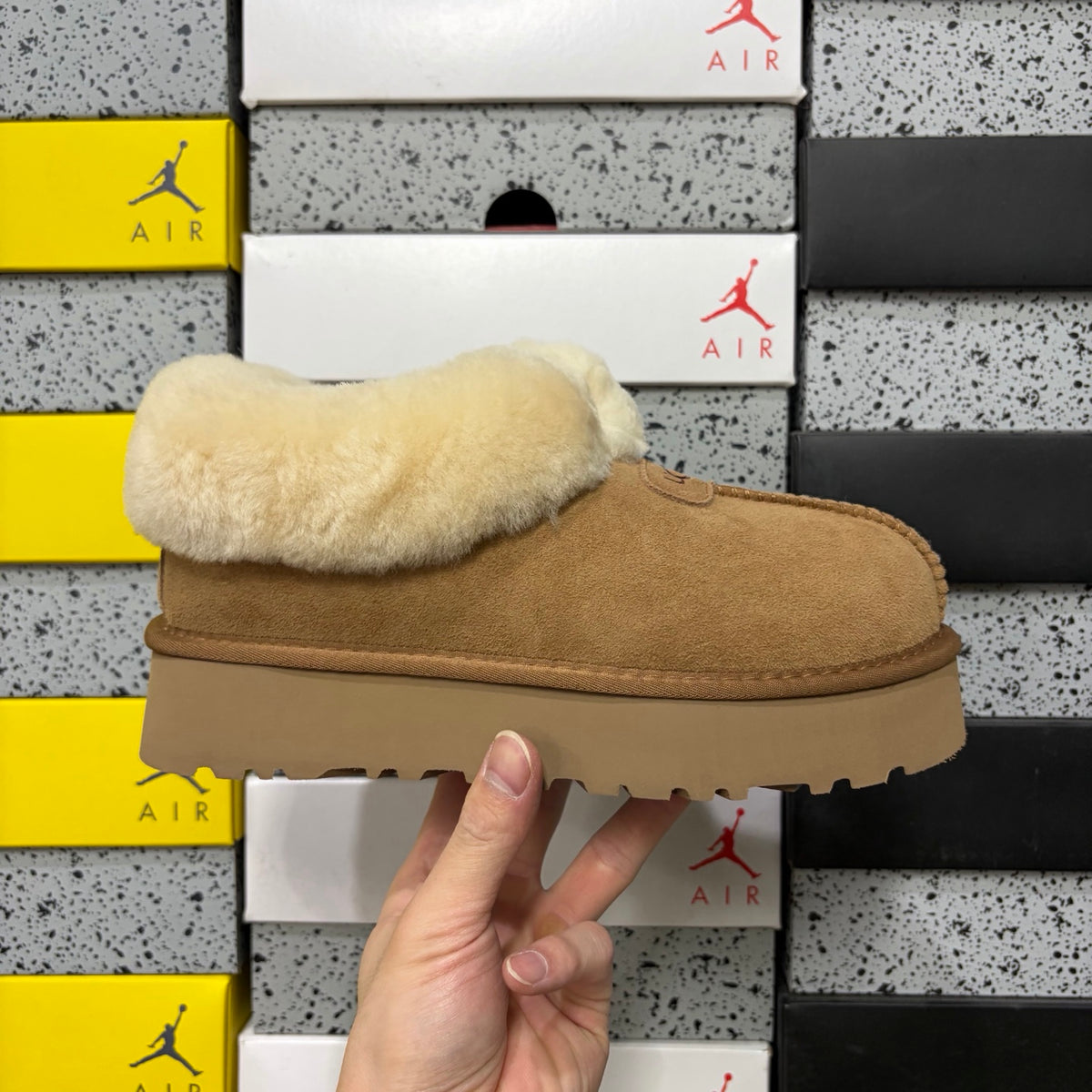 UGG Fluffy-Collar Platform Slip-On Shoes in Chestnut