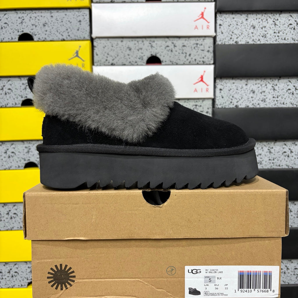 UGG Fluffy-Collar Platform Slip-On Shoes in Black & Grey