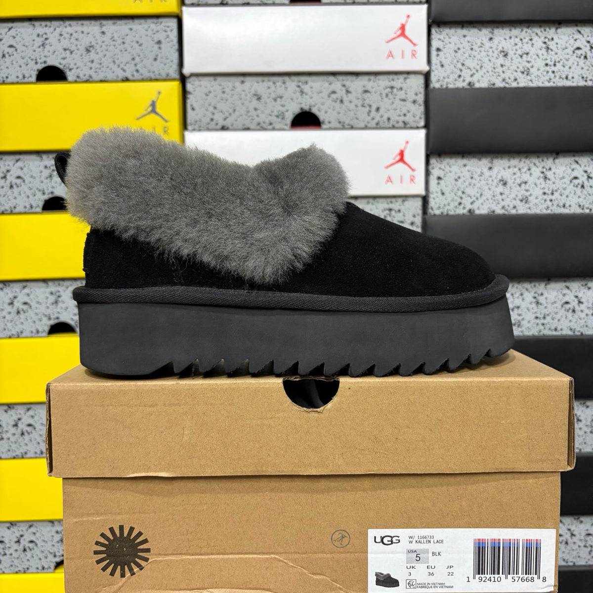 UGG Fluffy-Collar Platform Slip-On Shoes in Black & Grey